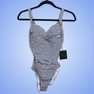 Nip Tuck Swim Joanne Sorrento Stripe One-Piece Swimsuit Women 6 Navy Blue NWT